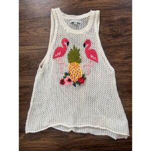 American Eagle Flamingo Pineapple Embroidered Open Knit Tank Top Cream Small